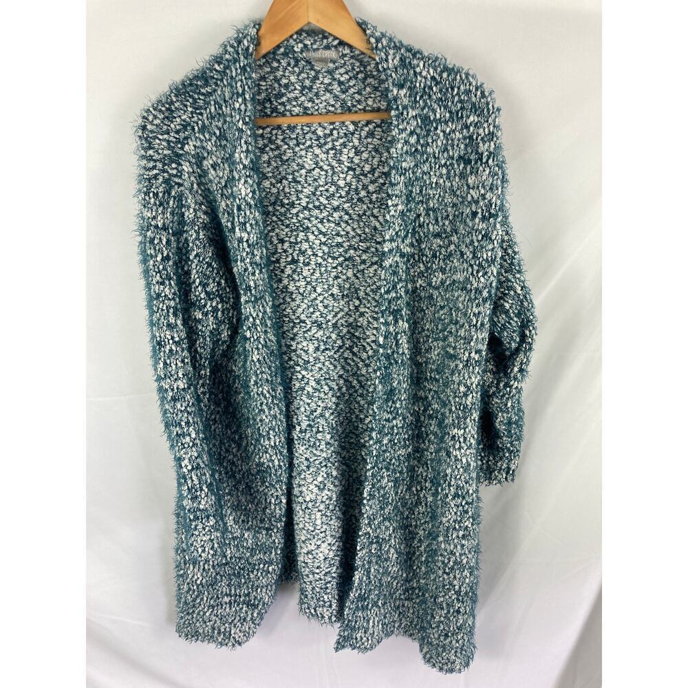Falls Creek Fuzzy Knit Cardigan Teal Blue White Size L/XL